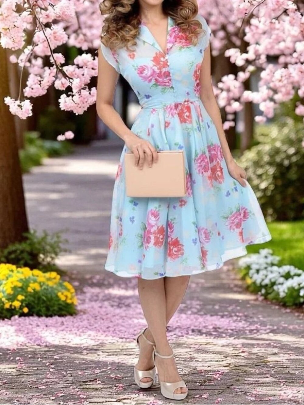 Hell Bunny Bloomsbury 50s Style Chiffon Swing Dress Floral Blue Size L